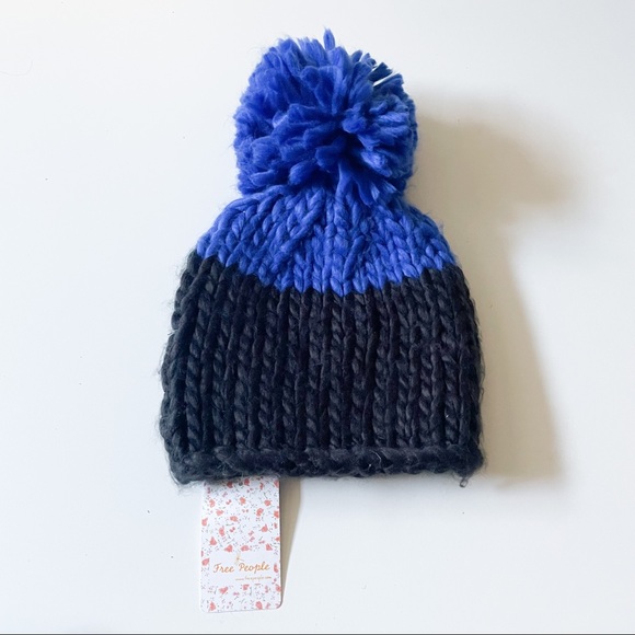 Free People Blue Black Pom Pom Beanie Hat
